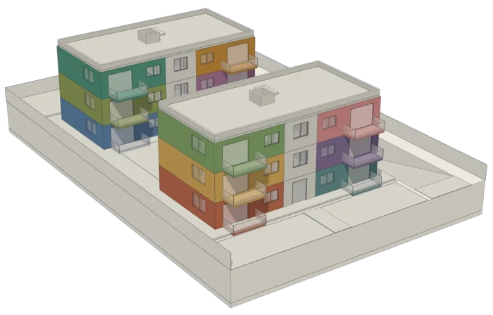 The example apartments with each of the 12 dwellings in its own colour.