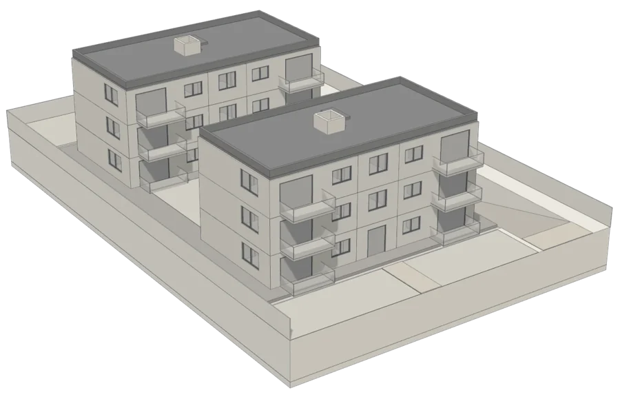 3D model of the example building: 2 three-storey apartment blocks over a shared basement.