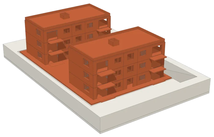 Stage 4 of the example apartments: the structural frame of both blocks highlighted.